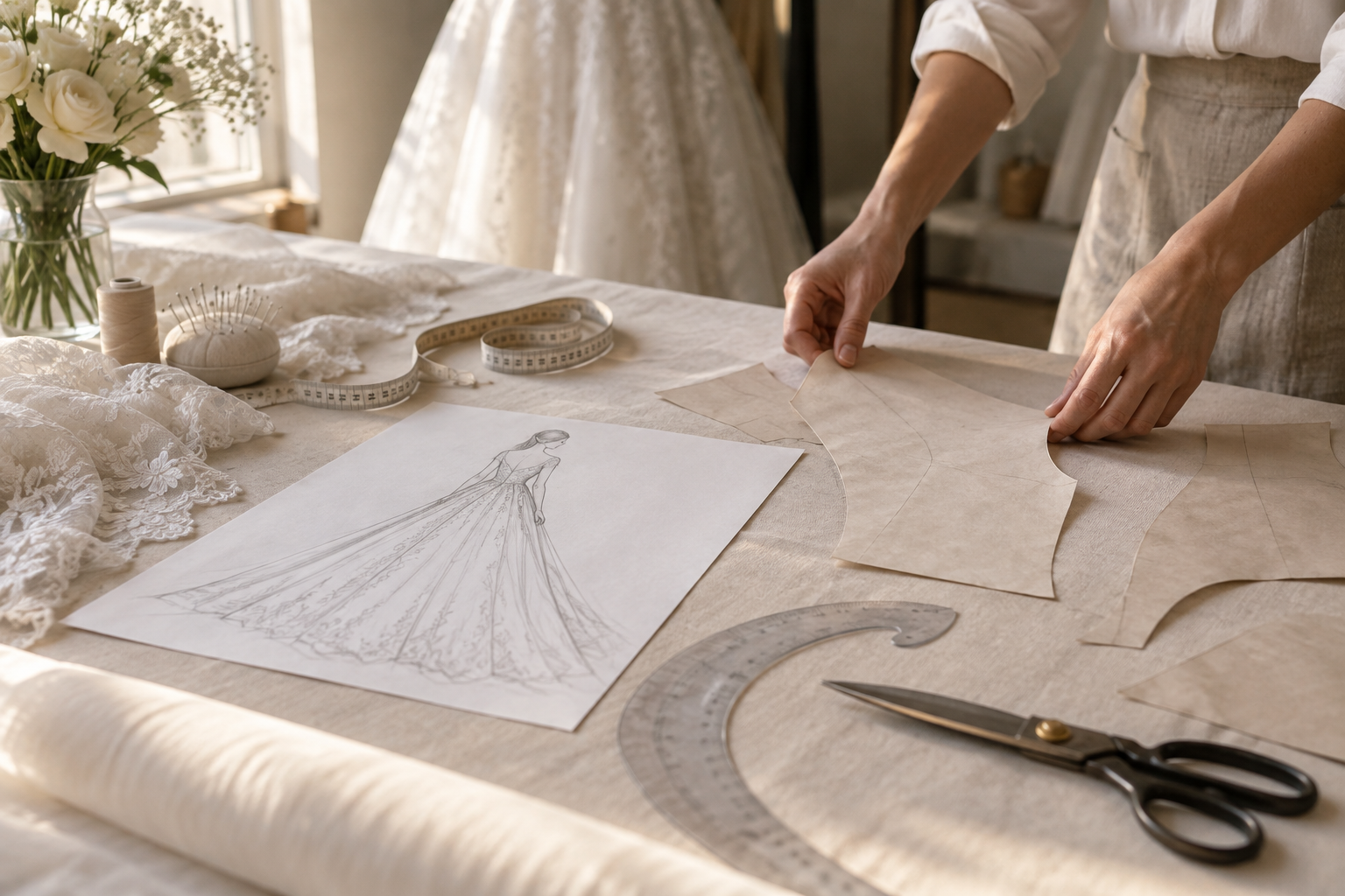 Desenho de vestido de noiva e moldes de papel dispostos sobre uma mesa de modelagem.