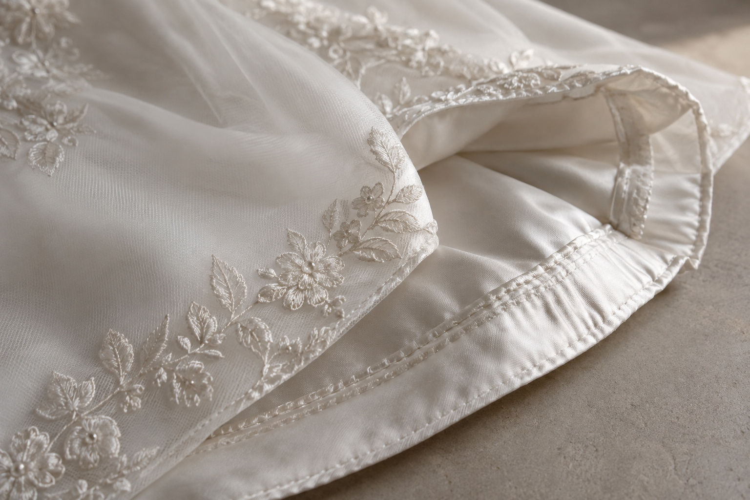Detalhe de bordado floral e acabamento interno em vestido de noiva
